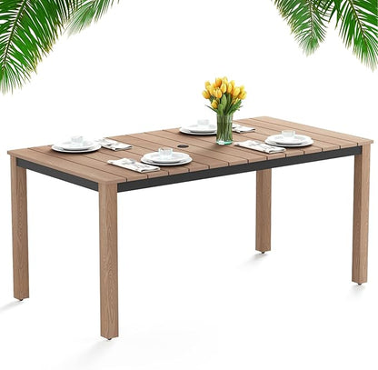 Outdoor Dining Table, Weatherproof 63" Rectangle HIPS Patio Dining Table for 6, with 2" Umbrella Hole, Outdoor Table for Backyard Deck Poolside, Teak