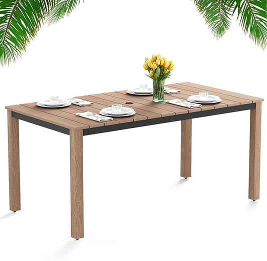 Outdoor Dining Table, Weatherproof 63" Rectangle HIPS Patio Dining Table for 6, with 2" Umbrella Hole, Outdoor Table for Backyard Deck Poolside, Teak
