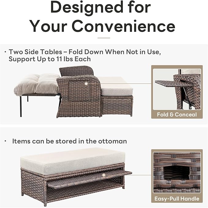 Belord Oversize Outdoor Daybed Set - Patio Recliner Loveseat with Storage Ottoman, Wicker Double Lounge Chair wth 5 Level Adjustable Backrest and 2 Retractable Table