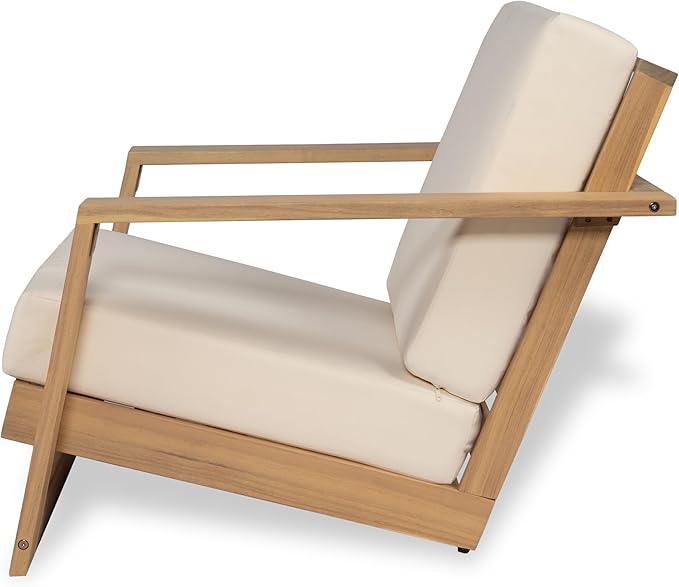 Christopher Knight Home Fayah Acacia Wood Lounge Chair Outdoor, Wooden Patio Armchair for Lounging, Patio Furniture Single Sofa Chair, Garden/Poolside Comfy Reading Chair with Cushion,Light Teak+Beige