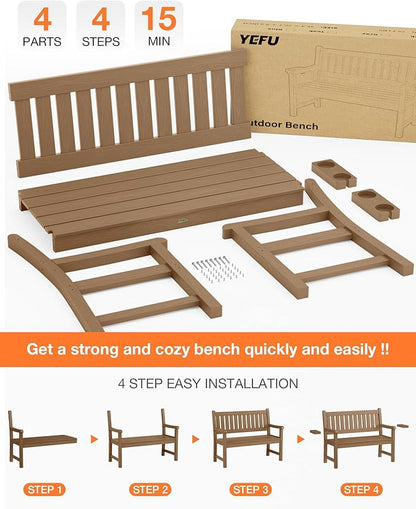 YEFU Outdoor Bench for Patio Waterproof: Heavy Duty 2-Person Garden Bench Set of 2 with 2 Cup Holders & Oversized Seating - HIPS Weatherproof Patio Benches for Front Porch Backyard Park, Teak