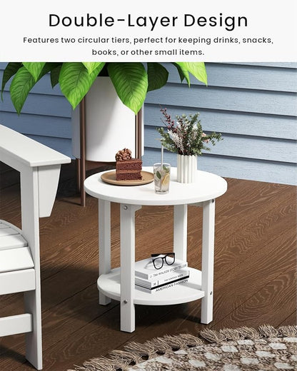 HDPE Outdoor Side Table for Patio, 18.1-Inch Weatherproof Small Outdoor Table for Adirondack, 2-Tier Round End Table for Garden Backyard Porch Deck Balcony Poolside, White