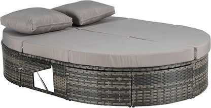 JOSHEN 78" Outdoor Chaise Lounge Chair,Patio Round Daybed,Reclining Wicker Rattan Sun Bed with Adjustable Backrests and Foldable Cup Trays for Backyard,Poolside,Light Gray