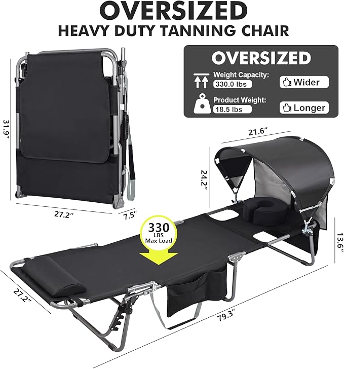 Oversized Extra Wide Tanning Chair with Sun Canopy Face Hole Padded Adjustable Washable, Heavy Duty Layout Folding Lounge Chair for Outside Beach Reading Sunbathing, UPF 50+, XL, Plus Size, 330 LBS