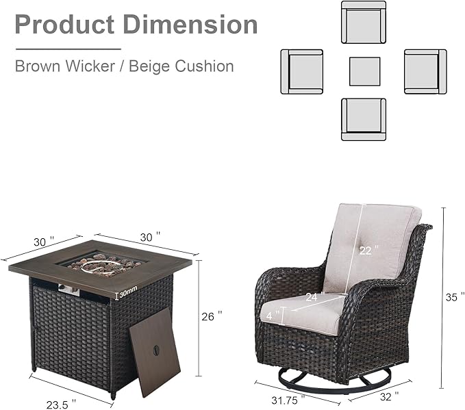Belord Patio Furniture Set with Fire Pit Table, Outdoor Swivel Rocker Patio Chairs, Wicker Furniture Set Ideal for Porch, Deck, Pool, Yard, SunroomBrown Wicker/Beige