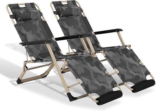 Athena Collection Zero Gravity Outdoor Lounge Chair Set of 2, 26" Width Reclining Pool Lounge Lawn Chairs Recliner with Headrest Foot Pad, Outdoor Chaise for Beach Patio Backyard Outside, Camouflage