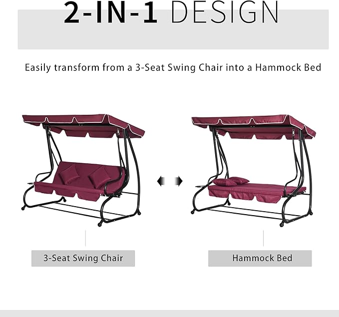 Outsunny 3-Seat Outdoor Patio Swing Chair, Converting Flatbed, Outdoor Swing Glider with Adjustable Canopy, Removable Cushion and Pillows, for Porch, Garden, Poolside, Backyard, Red