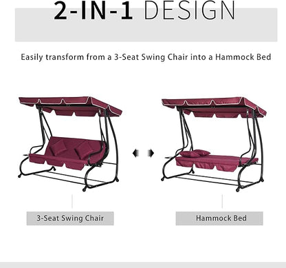 Outsunny 3-Seat Outdoor Patio Swing Chair, Converting Flatbed, Outdoor Swing Glider with Adjustable Canopy, Removable Cushion and Pillows, for Porch, Garden, Poolside, Backyard, Red