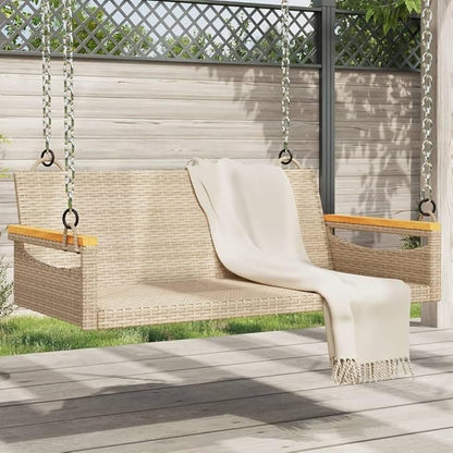 Beige 2-Seat Garden Swing Chair, Poly Rattan Patio Love Seat 42.9x24.4x15.7 in, Powder-Coated Frame, Outdoor for Balcony/Porch