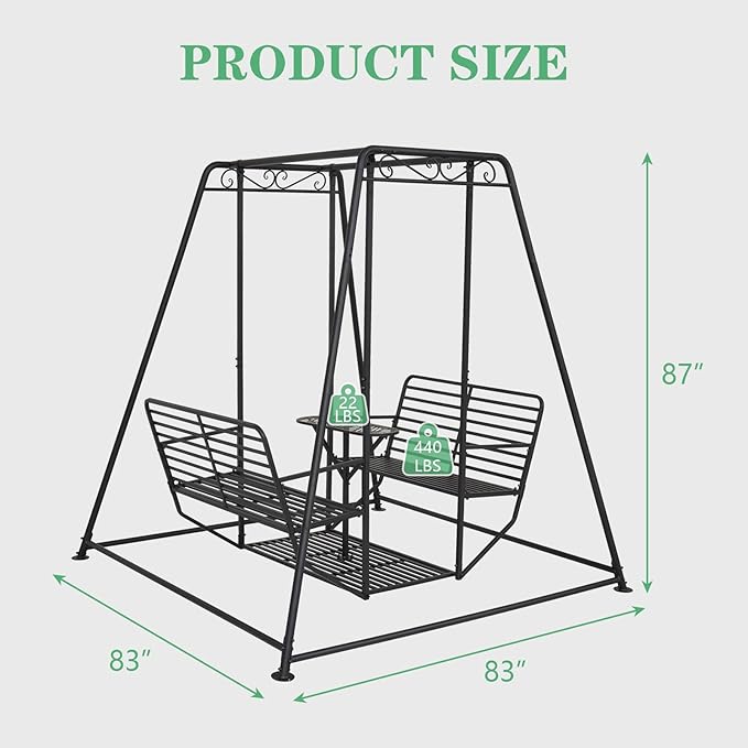 87”H Metal Swing Chair w/Table, Heavy Duty Outdoor Swing Bench with Stand, 4-Seat Swingsets for Patio Garden Yard, 880 LBS Weight Capacity, Easy Assembly, Black