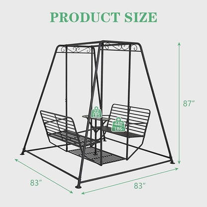 87”H Metal Swing Chair w/Table, Heavy Duty Outdoor Swing Bench with Stand, 4-Seat Swingsets for Patio Garden Yard, 880 LBS Weight Capacity, Easy Assembly, Black