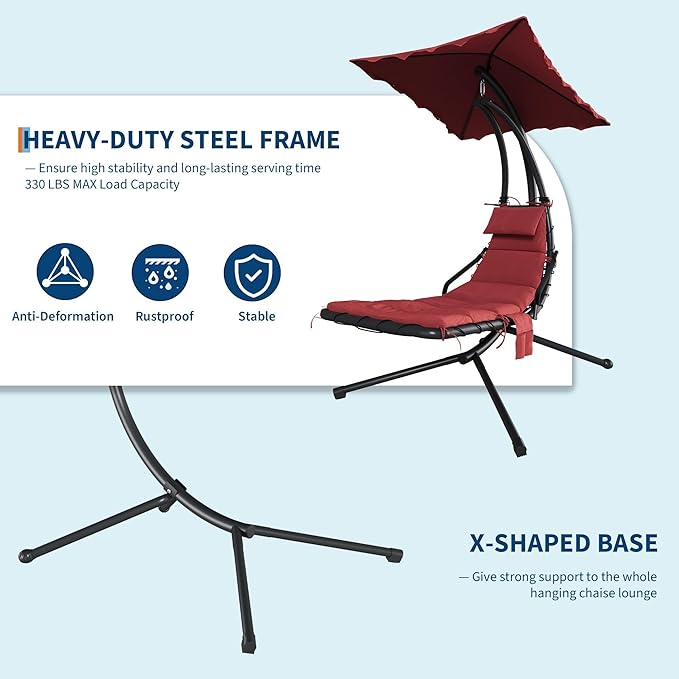 GarveeLife Chaise Lounger Swing Chair with Umbrella Canopy, Patio Hanging Chaise Lounger Chair with Stand - Photo 4