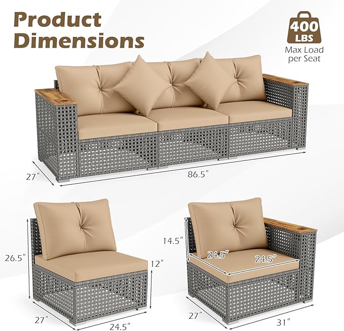 Tangkula 86.5" Large 3-Seat Patio Wicker Sofa, 3 Pieces PE Rattan Sectional Furniture Set with Cup Holder & Wood Armrest, Outdoor Couch Set with Armless & 2 Corner Sofas for Garden, Yard, Porch, Brown