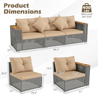 Tangkula 86.5" Large 3-Seat Patio Wicker Sofa, 3 Pieces PE Rattan Sectional Furniture Set with Cup Holder & Wood Armrest, Outdoor Couch Set with Armless & 2 Corner Sofas for Garden, Yard, Porch, Brown