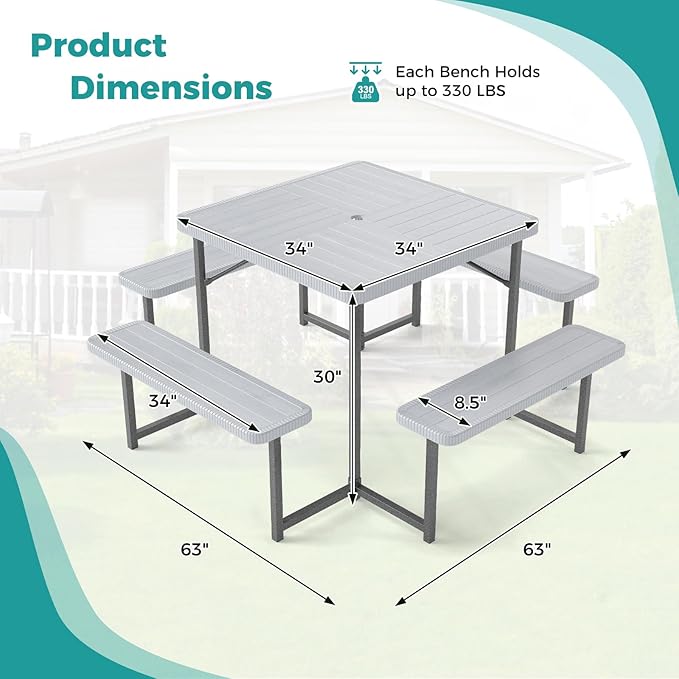 Giantex Picnic Table Bench Set for 4-8 People, 34" Outdoor Square Dining Table & 2 Benches w/Umbrella Hole - Photo 4