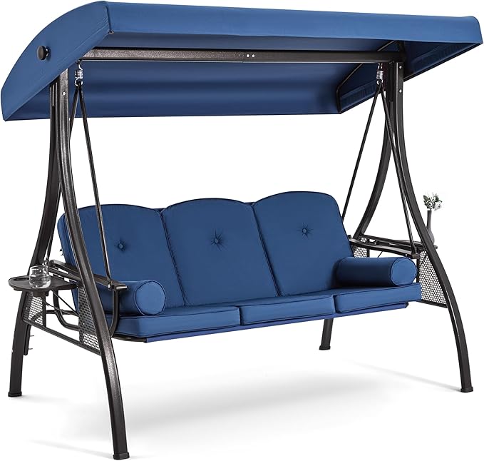 HOMREST 3 Seat Outdoor Porch Swing with 1.5" Deepened Cup Holder, Adjustable Canopy, Patio Swing Bed with Stand - Photo 1