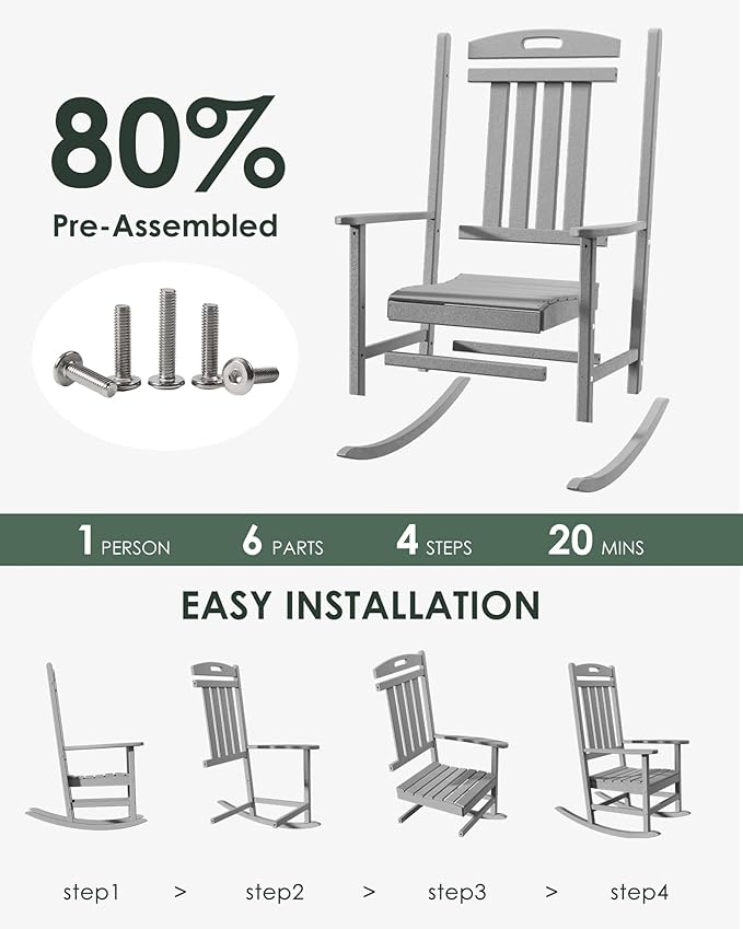 Outdoor Rocking Chair Set of 4, All-Weather Resistant Poly Lumber Rocker Chair Outdoor, High Back Plastic Patio Rocking Chairs for Outside Porch Rocker Garden Lawn, Slate Grey