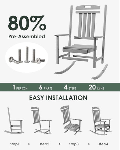 Outdoor Rocking Chair Set of 2, High Back Plastic Patio Rocking Chairs for Outside Porch Rocker Garden Lawn, All-Weather Resistant Poly Lumber Rocker Chair Outdoor, Slate Grey