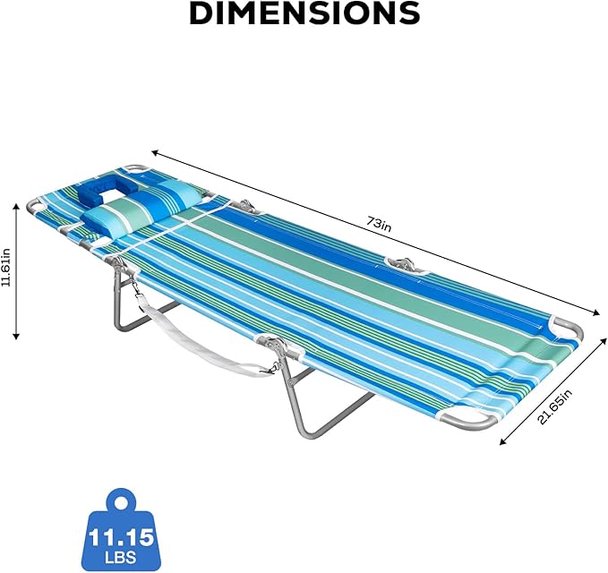 Romswi 2PK Folding Tanning Beach Chair with Face Hole, 5-Position Reclining Sun Lounger, Portable Face Down Tanning Chair with Arm Holes & Side Pocket for Beach, Pool, Patio, Teal and Aqua Stripe