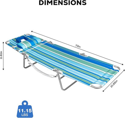 Romswi 2PK Folding Tanning Beach Chair with Face Hole, 5-Position Reclining Sun Lounger, Portable Face Down Tanning Chair with Arm Holes & Side Pocket for Beach, Pool, Patio, Teal and Aqua Stripe