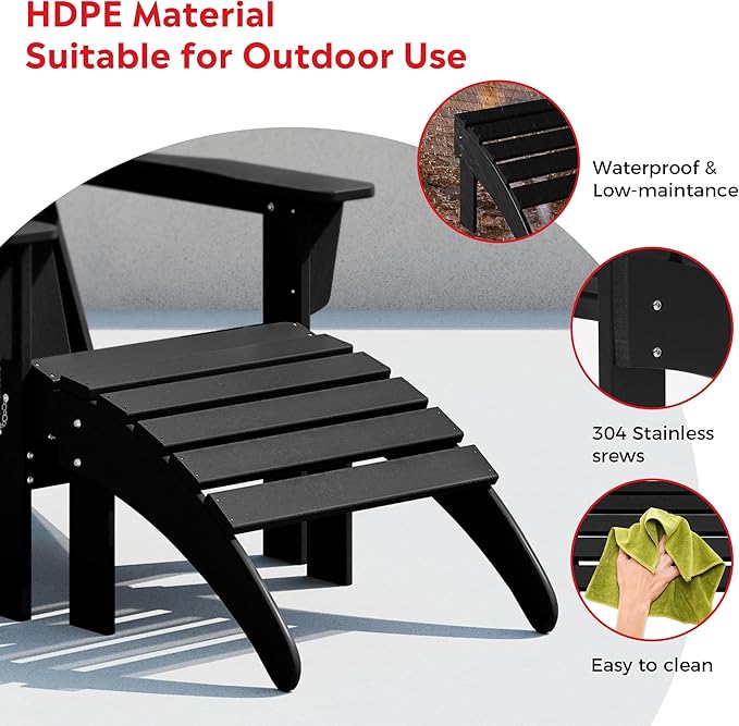 Costaelm Adirondack Chair Footrest Foldable Ottoman, Folding Ottoman Outdoor Foot Rest for Patio Waterproof, Adirondack Ottoman Outdoor, Black