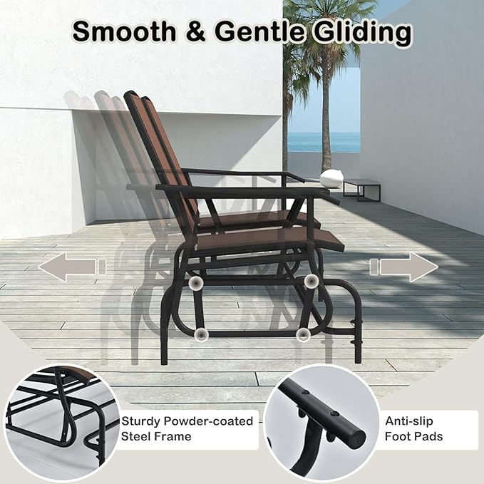 Tangkula 2 Person Swing Glider Chair, Patio Rocking Loveseat w/Center Tempered Glass Table, Outdoor Swing Bench w/Steel Frame & Breathable Mesh Fabric for Porch, Balcony, Poolside (Brown)