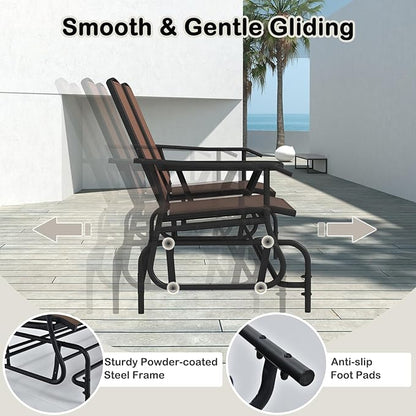 Tangkula 2 Person Swing Glider Chair, Patio Rocking Loveseat w/Center Tempered Glass Table, Outdoor Swing Bench w/Steel Frame & Breathable Mesh Fabric for Porch, Balcony, Poolside (Brown)