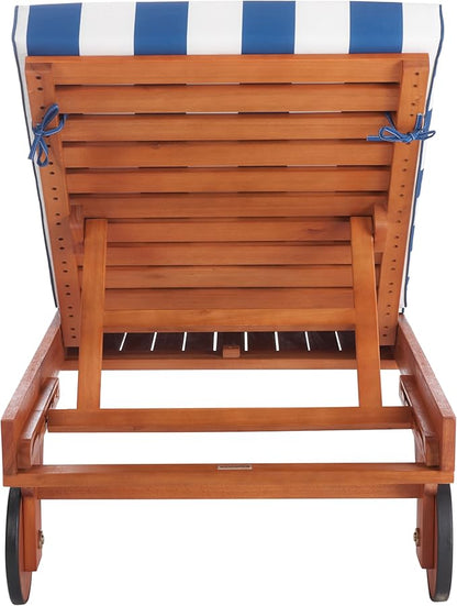 SAFAVIEH Outdoor Collection Newport Natural/ Blue & White Stripe Cushion Built-in Side Table Adjustable Chaise Lounge Chair