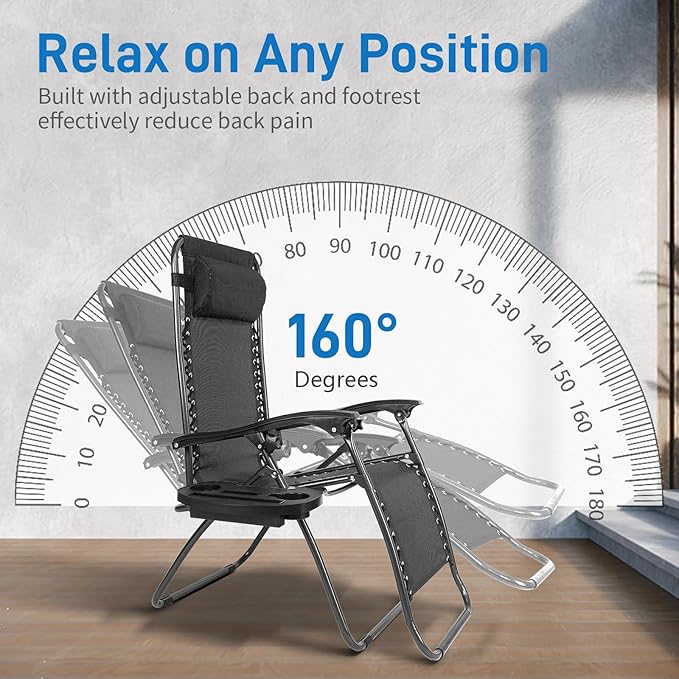 Bonnlo Zero Gravity Chair Set of 2 Patio Folding Lounge Chairs Outdoor Recliners with Pillow and Cup Holder Adjustable Reclining Lawn Chair for Deck,Patio,Beach,Yard (Black)