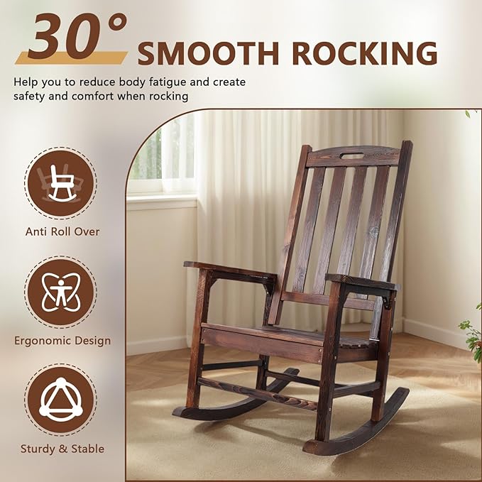 Wooden Oversized Porch Rocker Chair with Wide Seat and Tall Backrest - High Back Smooth Rocking Chairs for Outdoor & Indoor Use, Durable Fir Wood Construction, Easy Assembly (Brown)