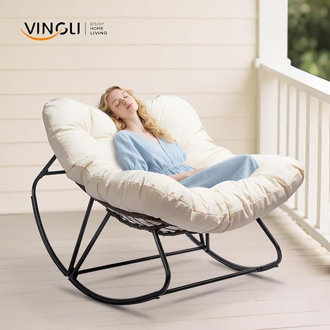 VINGLI Papason Rocking Chair Outdoor, Patio Rocking Chair with Cushion, Comfortable Lounge Chair Weatherproof for Garden, Yard, Outdoor/Indoor, Beige