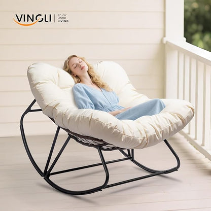 VINGLI Papason Rocking Chair Outdoor, Patio Rocking Chair with Cushion, Comfortable Lounge Chair Weatherproof for Garden, Yard, Outdoor/Indoor, Beige