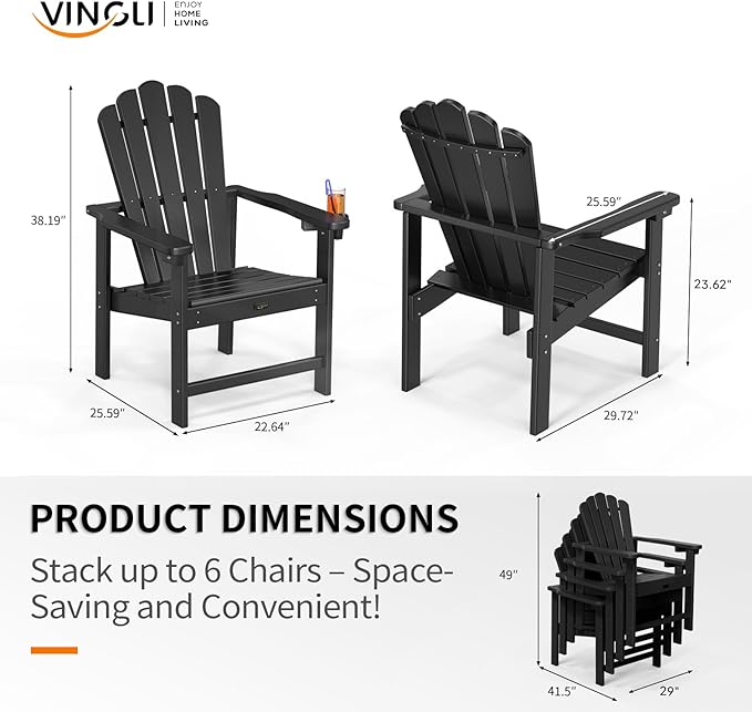VINGLI Plastic Folding Adirondack Chair with Cup Holder, 100% Recyclable HDPE Material, Comfortable 380lb Weight Capacity for Outdoor Pool Patio Lounge Chair Lawn Furniture Fire Pit, 1 Pack, Black
