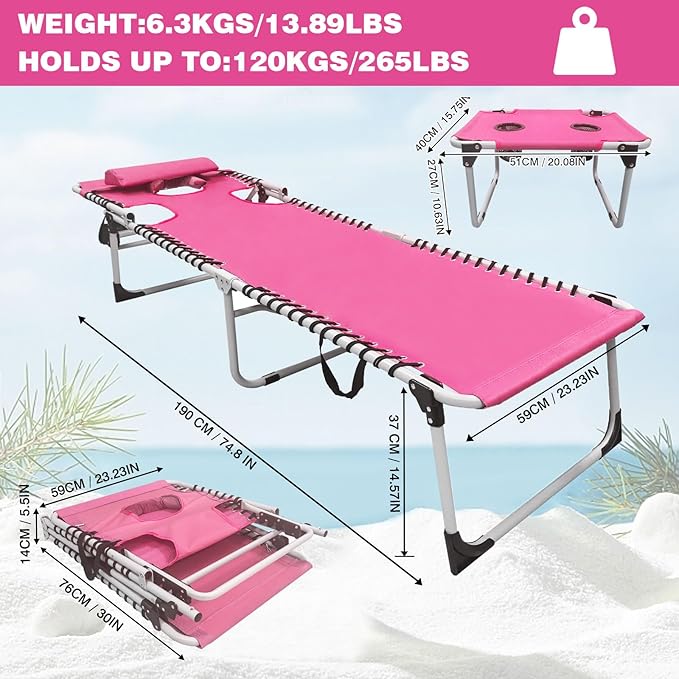 Sun Tanning Chair with Face Hole 5-Position Folding Lounge Chair Outdoor with Portable Beach Table for Poolside - Photo 2