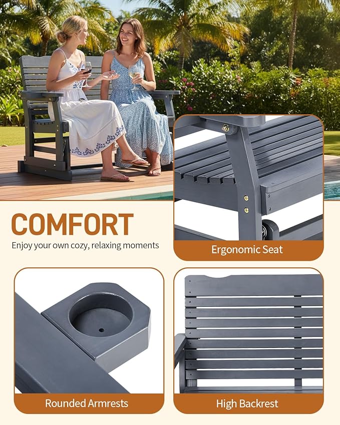 Outvita Patio Glider with Cup Holders, Wooden Outdoor Glider Bench with High Roll Back & Deep Contoured Seat, Smooth Porch Glider Loveseat Heavy Duty 800 Lbs, Gray
