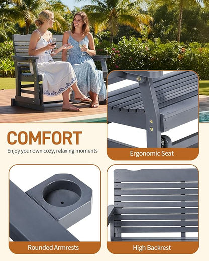 Outvita Patio Glider with Cup Holders, Wooden Outdoor Glider Bench with High Roll Back & Deep Contoured Seat, Smooth Porch Glider Loveseat Heavy Duty 800 Lbs, Gray