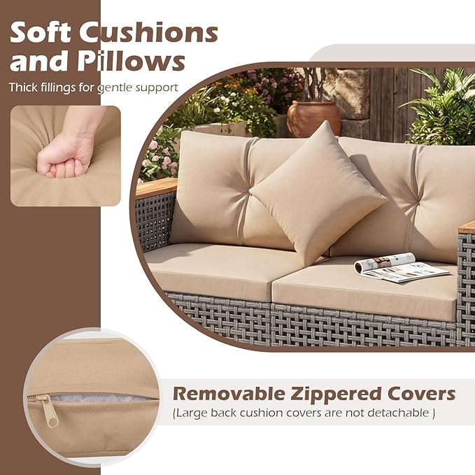 Tangkula 62.5" Large Patio Wicker Loveseat with Acacia Wood Armrests & Cup Holders, Outdoor 2-Piece Rattan Corner Sofa with Cushions, Sectional Conversation Set for Garden Backyard Porch Balcony