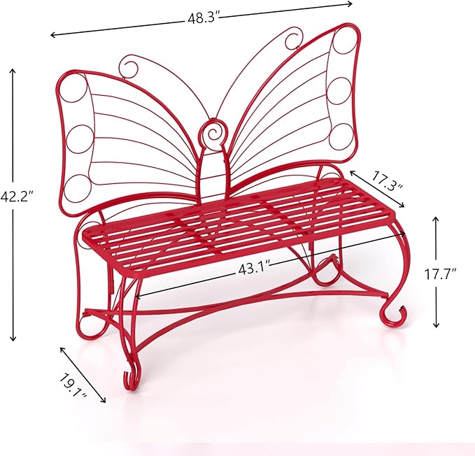 Butterfly Garden Bench, Double Seats Outdoor Bench, Black Patio Bench Thickened Metal Frame for Garden, Yard, Patio, Porch, Lawn, Park. (Red/Big)