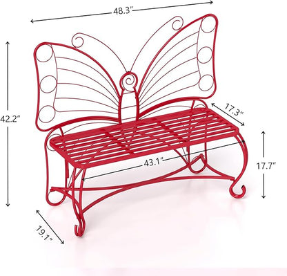 Butterfly Garden Bench, Double Seats Outdoor Bench, Black Patio Bench Thickened Metal Frame for Garden, Yard, Patio, Porch, Lawn, Park. (Red/Big)