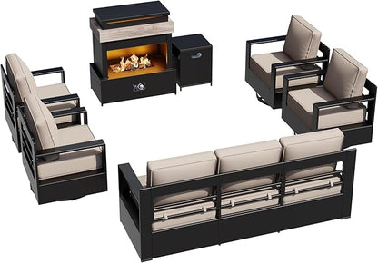 Outdoor Aluminum Furniture Set, 5-Piece Patio Conversation Set, 4 Swivel Chairs, 1 Sofa and 1 Fireplace, All-Weather Metal Frame, 6" Thick Removable Cushions, Deep Setting for Garden, Porch