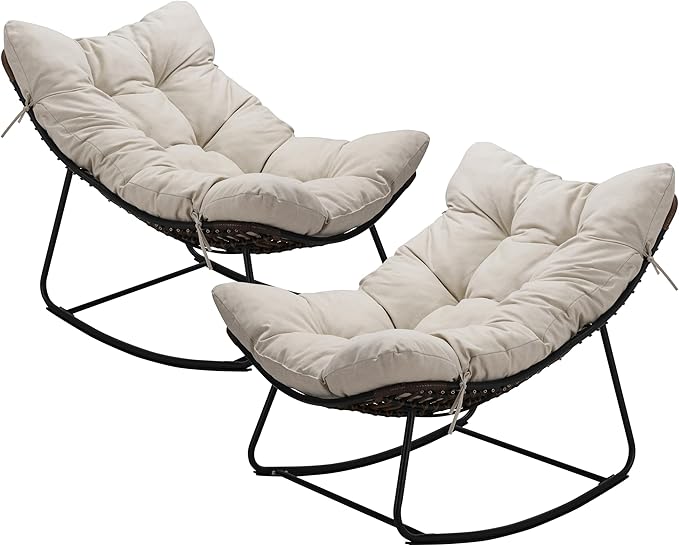 Outdoor Papasan Rocking Chair Oversized Set of 2 - Rocking Chair with Soft Cushion, 30° Rocker Egg Chair for Patio, Front Porch, Backyard, Living Room, Beige