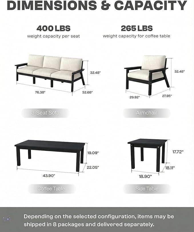 HDPE 5 Piece Patio Furniture Set, Outdoor Couch with Washable Thick Beige Cushions & Coffee Table & Side Table, Outdoor Sectional Furniture for Backyard, Deck, Lawn, Porch (Black Frame)