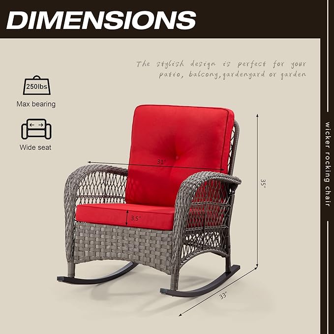 Patio Rocking Chair - Outdoor Rocker Chair with Safe Rocking Design, Metal Frame All Weather Wicker and Premium Fabric Cushions (Mixed Brown/Red)