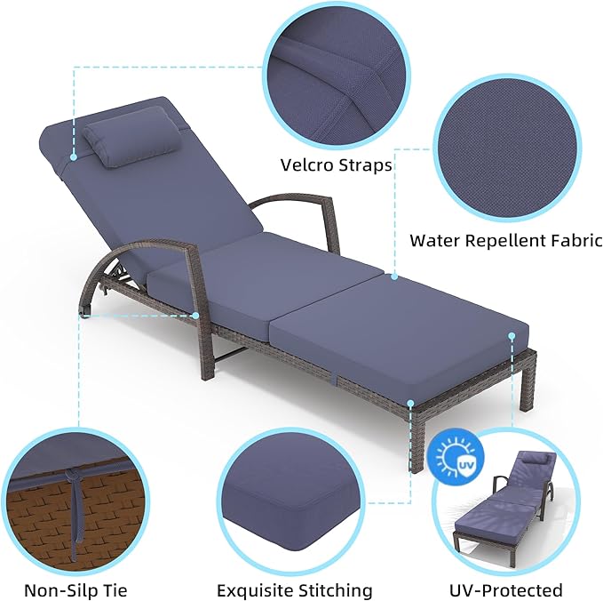Garvee Chaise Lounge Outdoor Set of 2, PE Rattan Wicker Pool Lounge Chairs with 5-Level Adjustable Backrest - Photo 5