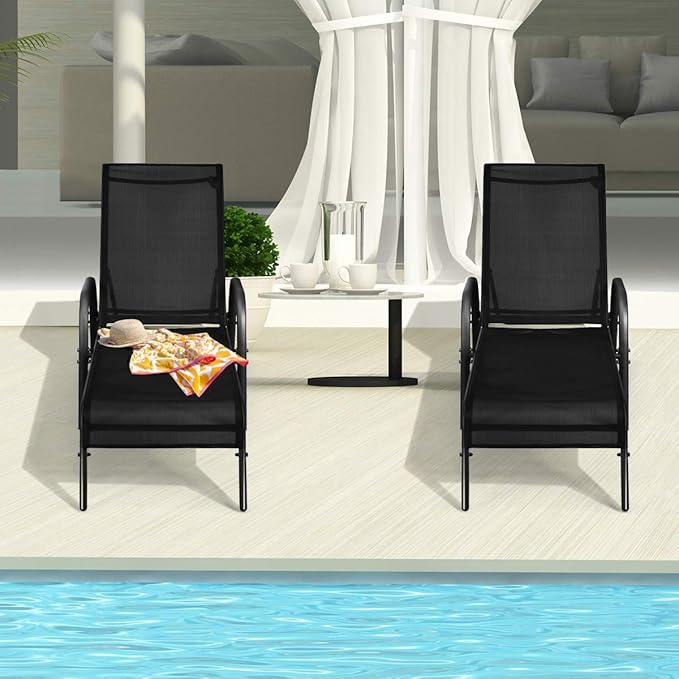 Tangkula Outdoor Lounge Chairs Set of 2, Patio Chaise Lounge with Adjustable Backrest, Reclining Pool Lounge Chairs for Outside with Heavy Duty Steel Frame, Suitable for Beach, Yard, Balcony, Poolside