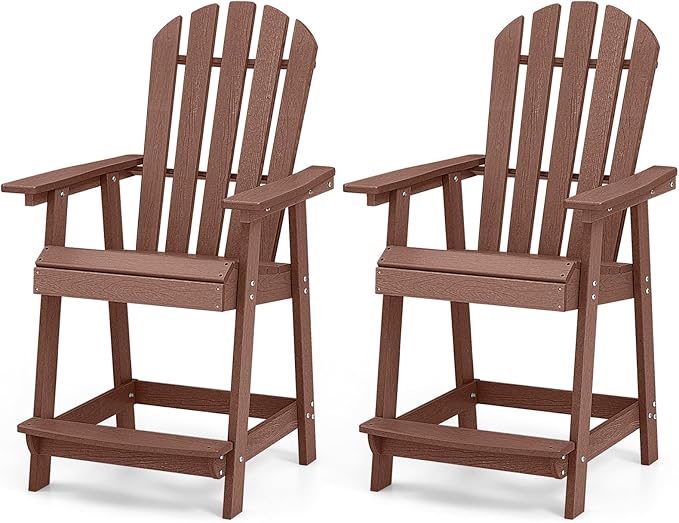 Giantex Tall Adirondack Chair Set of 2, HDPE Outdoor Bar Stools with Armrests, 4.5” Wide Footrest, Patio Adirondack Barstools, All-Weather Balcony Chairs for Poolside, Garden, Backyard (Coffee)