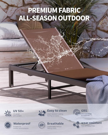 Aluminum Lounge Chairs Outdoor Chaise Furniture,2 Sets Patio Metal Deck Lounger Adjustable 5-Position Poolside Chase Recliner with Wheels for Beach,Coffee Table, (Brown, 2 Chair＋Table)