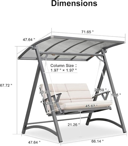 PURPLE LEAF Porch Swing 2 Person Patio Swing Chair with PVC Canopy Outdoor Deluxe Modern Yard Hammock Swinging Chairs w/Solar LED Light and Cushions for Backyard Glider Outside Loveseat Bench