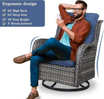 Belord Wicker Patio Furniture Sets - 8 Piece Rattan Outdoor Furniture Conversation Sets with 4 Swivel Rocker Chairs, Rattan Sofa, Wicker Ottomans and Coffee Table, Mixed Grey/Blue