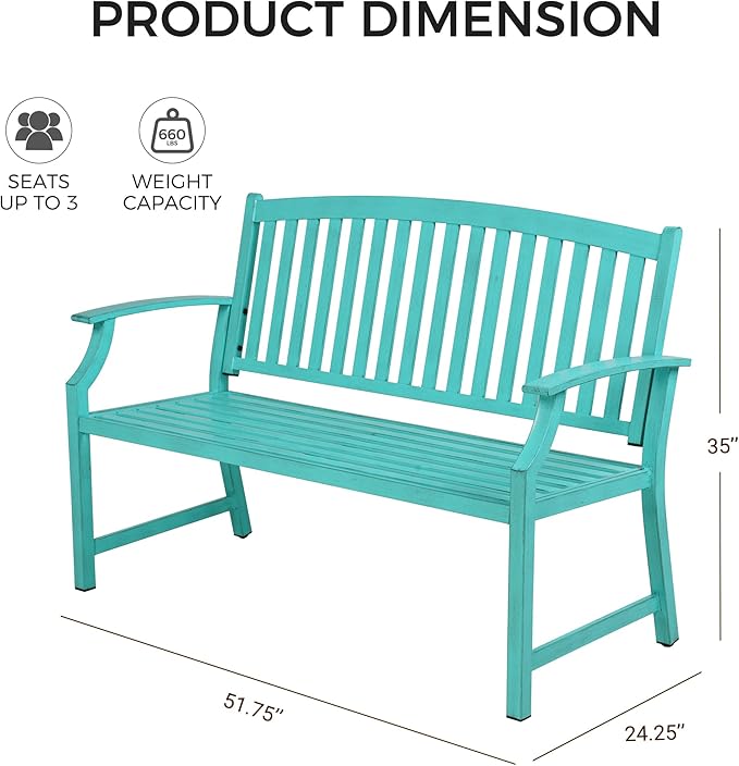 Grand patio 52" Farmhouse Outdoor Bench, Garden Benches with Anti-Rust Aluminum Powder Coated Frame, Faux Wood Grain Finish Frame Patio Bench for Front Porch, Turquoise Blue